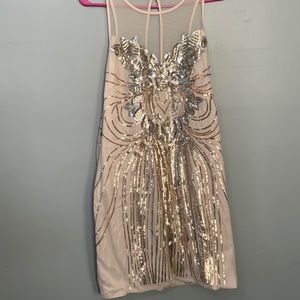 BEBE nude dress with sequin detail, back out, worn once